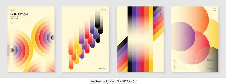 Collection of 70s color gradient poster background vector. Set of retro wall decoration, groovy, trippy, geometric shape. Vintage hippie wall art for interior, decorative, banner, cover, card.