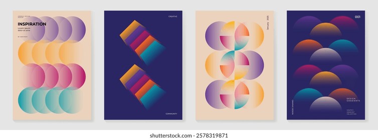 Collection of 70s color gradient poster background vector. Set of retro wall decoration, groovy, trippy, geometric shape. Vintage hippie wall art for interior, decorative, banner, cover, card.