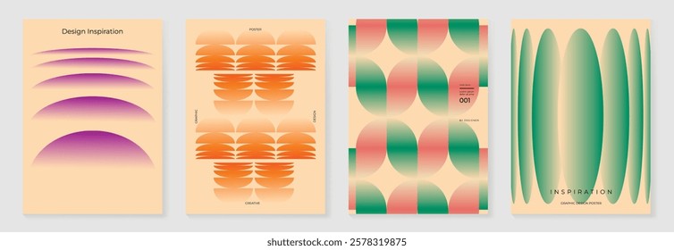 Collection of 70s color gradient poster background vector. Set of retro wall decoration, groovy, trippy, geometric shape. Vintage hippie wall art for interior, decorative, banner, cover, card.