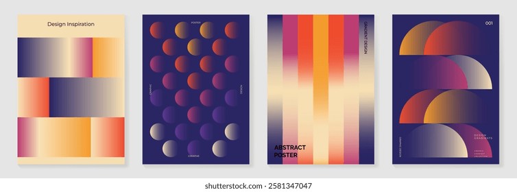 Collection of 70s color gradient poster background vector. Set of retro wall decoration, groovy, trippy, geometric shape. Vintage hippie wall art for interior, decorative, banner, cover, card.