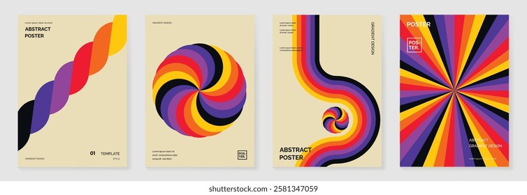 Collection of 70s color gradient poster background vector. Set of retro wall decoration, groovy, trippy, geometric shape. Vintage hippie wall art for interior, decorative, banner, cover, card.