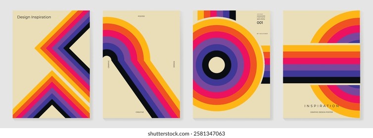 Collection of 70s color gradient poster background vector. Set of retro wall decoration, groovy, trippy, geometric shape. Vintage hippie wall art for interior, decorative, banner, cover, card.