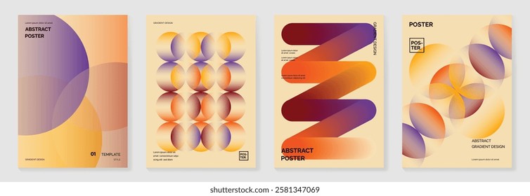 Collection of 70s color gradient poster background vector. Set of retro wall decoration, groovy, trippy, geometric shape. Vintage hippie wall art for interior, decorative, banner, cover, card.