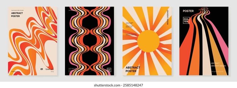 Collection of 70s color gradient poster background vector. Set of retro wall decoration, groovy, trippy, geometric shape. Vintage hippie wall art for interior, decorative, banner, cover, card.