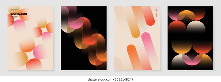 Collection of 70s color gradient poster background vector. Set of retro wall decoration, groovy, trippy, geometric shape. Vintage hippie wall art for interior, decorative, banner, cover, card.