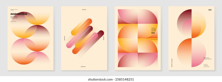 Collection of 70s color gradient poster background vector. Set of retro wall decoration, groovy, trippy, geometric shape. Vintage hippie wall art for interior, decorative, banner, cover, card.