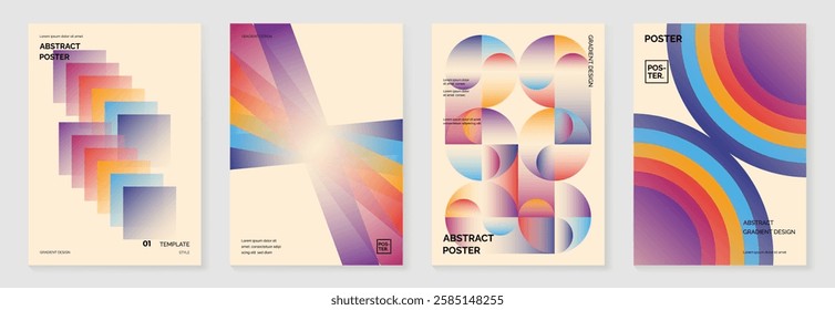 Collection of 70s color gradient poster background vector. Set of retro wall decoration, groovy, trippy, geometric shape. Vintage hippie wall art for interior, decorative, banner, cover, card.