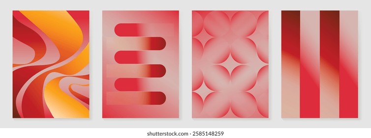 Collection of 70s color gradient poster background vector. Set of retro wall decoration, groovy, trippy, geometric shape. Vintage hippie wall art for interior, decorative, banner, cover, card.