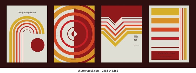 Collection of 70s color gradient poster background vector. Set of retro wall decoration, groovy, trippy, geometric shape. Vintage hippie wall art for interior, decorative, banner, cover, card.