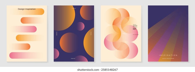 Collection of 70s color gradient poster background vector. Set of retro wall decoration, groovy, trippy, geometric shape. Vintage hippie wall art for interior, decorative, banner, cover, card.