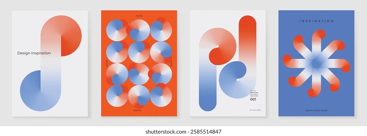 Collection of 70s color gradient poster background vector. Set of retro wall decoration, groovy, trippy, geometric shape. Vintage hippie wall art for interior, decorative, banner, cover, card.