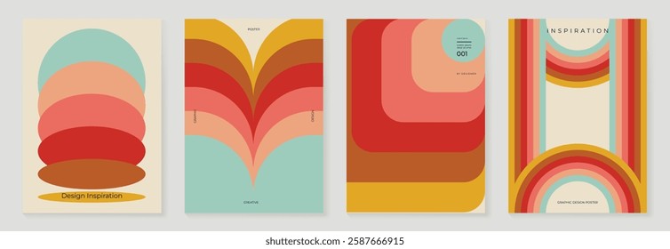 Collection of 70s color gradient poster background vector. Set of retro wall decoration, groovy, trippy, geometric shape. Vintage hippie wall art for interior, decorative, banner, cover, card.