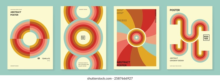 Collection of 70s color gradient poster background vector. Set of retro wall decoration, groovy, trippy, geometric shape. Vintage hippie wall art for interior, decorative, banner, cover, card.