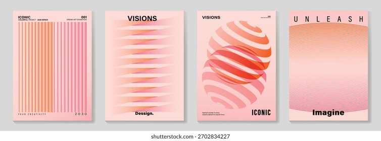 Collection of 70s color gradient poster background vector. Set of retro wall decoration, groovy, trippy, geometric shape. Vintage hippie wall art for interior, decorative, banner, cover, card.