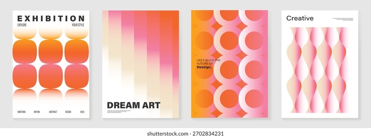 Collection of 70s color gradient poster background vector. Set of retro wall decoration, groovy, trippy, geometric shape. Vintage hippie wall art for interior, decorative, banner, cover, card.