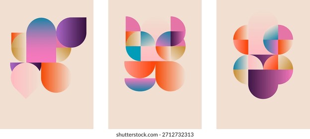 Collection of 70s color gradient poster background vector, retro wall decoration, groovy, trippy, geometric shape. Vintage hippie wall art for interior, decorative, banner, cover, card