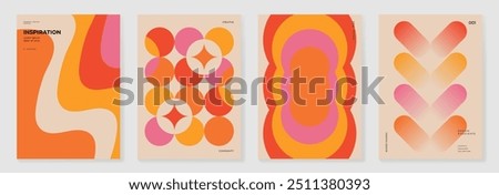 Collection of 70s color gradient poster background vector. Set of retro wall decoration, groovy, trippy, geometric shape. Vintage hippie wall art for interior, decorative, banner, cover, card.