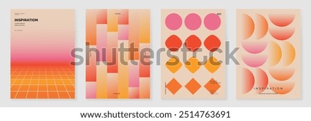 Collection of 70s color gradient poster background vector. Set of retro wall decoration, groovy, trippy, geometric shape. Vintage hippie wall art for interior, decorative, banner, cover, card.