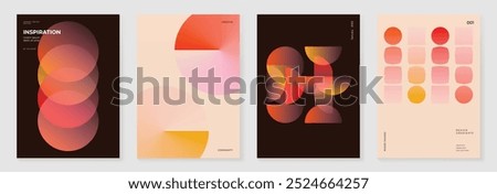 Collection of 70s color gradient poster background vector. Set of retro wall decoration, groovy, trippy, geometric shape. Vintage hippie wall art for interior, decorative, banner, cover, card.