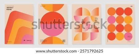 Collection of 70s color gradient poster background vector. Set of retro wall decoration, groovy, trippy, geometric shape. Vintage hippie wall art for interior, decorative, banner, cover, card.