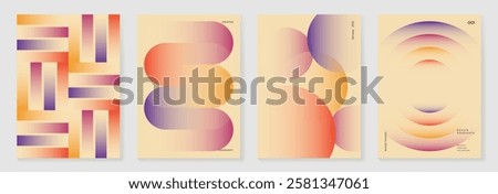 Collection of 70s color gradient poster background vector. Set of retro wall decoration, groovy, trippy, geometric shape. Vintage hippie wall art for interior, decorative, banner, cover, card.