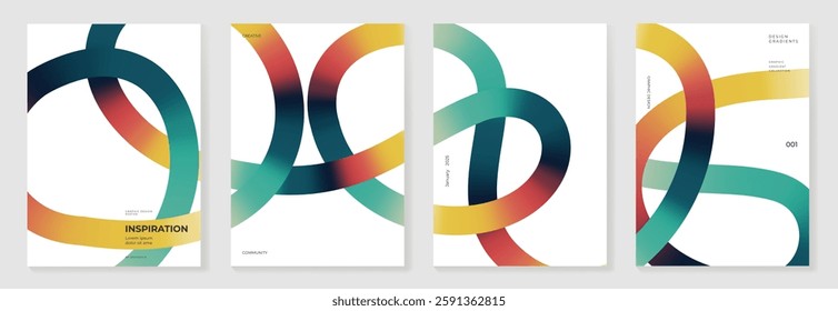 Collection of 70s color line gradient poster background vector. Set of retro wall decoration, groovy, trippy, wavy line. Vintage hippie wall art for interior, decorative, banner, cover, card.