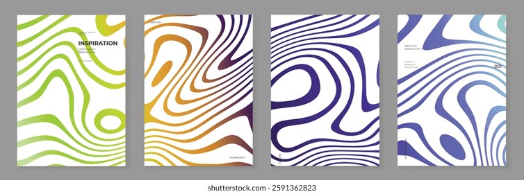 Collection of 70s color line gradient poster background vector. Set of retro wall decoration, groovy, trippy, wavy line. Vintage hippie wall art for interior, decorative, banner, cover, card.