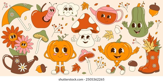 Collection of 70s groovy autumn fall elements. Retro sticker set. Cute mushroom, pumpkin, teapot, apple characters.