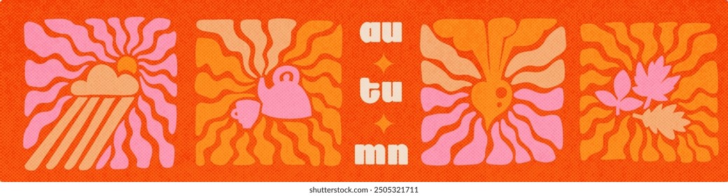 Collection of 70s groovy autumn silhouettes. Set of retro wall decoration, sunshine wavy rays, root vegetable, rain, leaves, teapot for interior, decorative, banner, cover, wall design. Vector