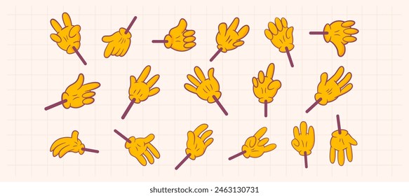 Collection of 70s groovy cute hands. Retro nostalgic hand gestures. 