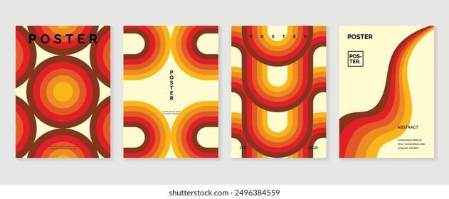 Collection of 70s poster background vector. Set of retro wall decoration, groovy, trippy, colorful line. Vintage hippie wall art for interior, decorative, banner, cover, card.