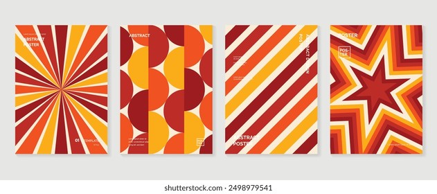 Collection of 70s poster background vector. Set of retro wall decoration, groovy, trippy, colorful line. Vintage hippie wall art for interior, decorative, banner, cover, card.