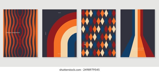 Collection of 70s poster background vector. Set of retro wall decoration, groovy, trippy, colorful line. Vintage hippie wall art for interior, decorative, banner, cover, card.