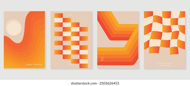 Collection of 70s poster background vector. Set of retro wall decoration, groovy, trippy, colorful line. Vintage hippie wall art for interior, decorative, banner, cover, card.