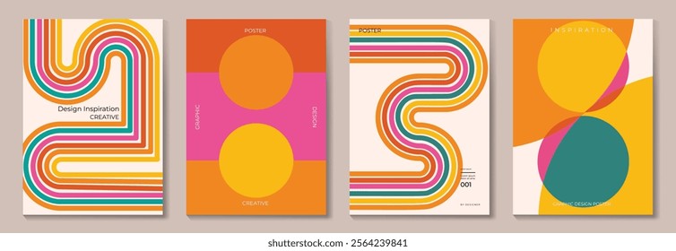 Collection of 70s poster background vector. Set of retro wall decoration, groovy, trippy, colorful line. Vintage hippie wall art for interior, decorative, banner, cover, card.