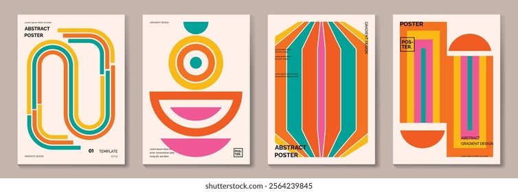 Collection of 70s poster background vector. Set of retro wall decoration, groovy, trippy, colorful line. Vintage hippie wall art for interior, decorative, banner, cover, card.
