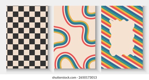 Collection of 70s poster, banner, cover, card. background . Set of retro wall decoration, groovy, trippy, colorful line. Vintage hippie wall art for interior, decorative, dots flayer simple and trendy