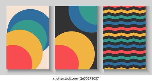 Collection of 70s poster, banner, cover, card. background . Set of retro wall decoration, groovy, trippy, colorful line. Vintage hippie wall art for interior, decorative, dots flayer simple and trendy