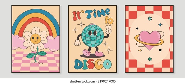 Collection of 70s wall art background vector. Set of retro wall decoration, groovy, smile flowers, disco ball, fonts, heart. Vintage hippie poster for interior, decorative, banner, cover, wall design.