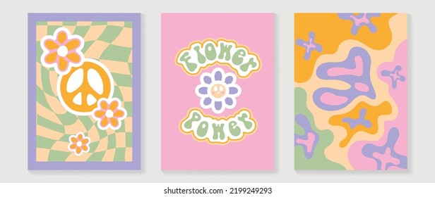Collection of 70s wall art background vector. Set of retro wall decoration, cute groovy, flowers, peace, fonts, psychedelic. Vintage hippie poster for interior, decorative, banner, cover, wall design.