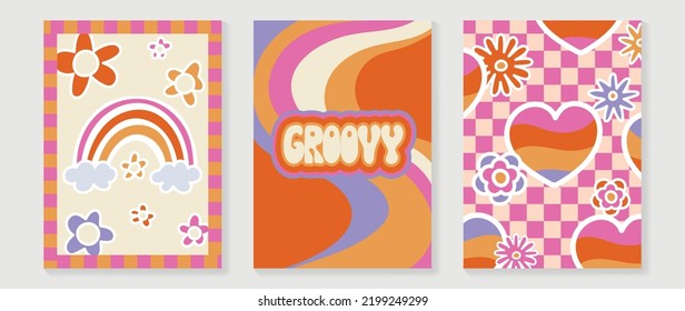 Collection of 70s wall art background vector. Set of retro wall decoration, groovy, rainbow, fonts, psychedelic, flowers. Vintage hippie poster for interior, decorative, banner, cover, wall design.