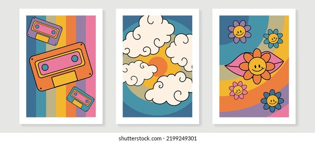 Collection of 70s wall art background vector. Set of retro wall decoration, groovy, smile flowers, cassette tapes, cloud. Vintage hippie poster for interior, decorative, banner, cover, wall design.