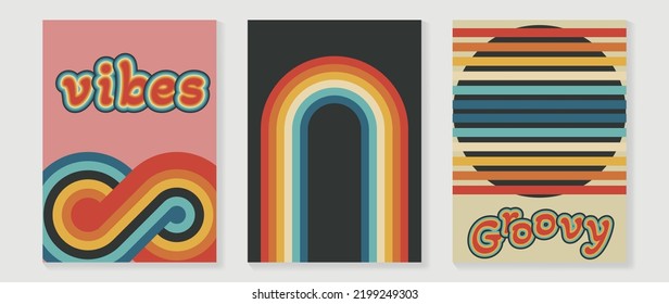 Collection of 70s wall art background vector. Set of retro wall decoration, groovy, trippy, colorful line, fonts. Vintage hippie poster for interior, decorative, banner, cover, wall design.