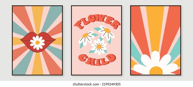 Colección del vector de fondo de arte de la pared de los años 70. Decoración de paredes retro, groovía, labios, fuentes, línea colorida, flores. Afiche hippie vintage para decoración, banner, cubierta, diseño de pared.