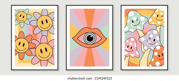 Collection of 70s wall art background vector. Set of retro wall decoration, groovy, smile flowers, mushrooms, eye, lips. Vintage hippie poster for interior, decorative, banner, cover, wall design.