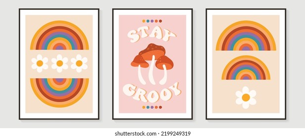 Collection of 70s wall art background vector. Set of retro wall decoration, groovy, rainbow, fonts, mushrooms, flowers. Vintage hippie poster for interior, decorative, banner, cover, wall design.