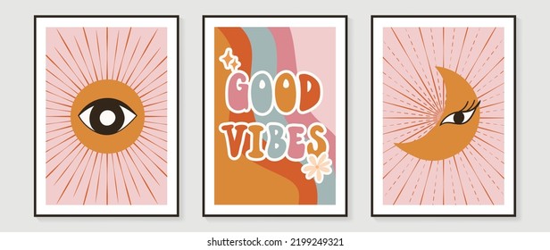 Collection of 70s wall art background vector. Set of retro wall decoration, groovy, sunshine, fonts, eye, moon, flower. Vintage hippie poster for interior, decorative, banner, cover, wall design.