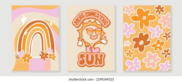Collection of 70s wall art background vector. Set of retro wall decoration, cute groovy, flowers, sun, rainbow, fonts. Vintage hippie poster for interior, decorative, banner, cover, wall design.
