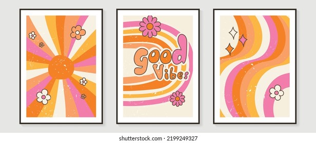 Collection of 70s wall art background vector. Set of retro wall decoration, groovy, flowers, colorful, fonts, sunshine. Vintage hippie poster for interior, decorative, banner, cover, wall design.