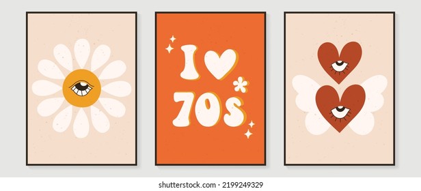 Collection of 70s wall art background vector. Set of retro wall decoration, groovy, eyes, fonts, hearts, flowers. Vintage hippie poster for interior, decorative, banner, cover, wall design.